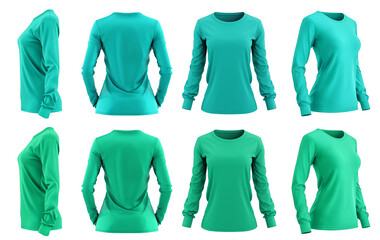 2 Set of woman turquoise blue green front, back and side view round neck long sleeve tee shirt t-shirt on transparent background cutout, PNG file. Mockup template for artwork graphic design