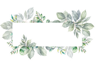 Wall Mural - Green branches with leaves. Watercolor illustration. Rectangular frame made of branches