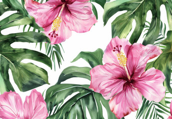 Wall Mural - Tropical leaves and flowers seamless pattern with pink hibiscus, green monstera plant on white background
