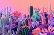 colorful zen garden of cactuses and other plants with pink and purple backgrounds
