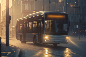 Wall Mural - City bus in morning light with street backdrop.