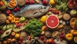 A colorful array of fruits, vegetables, grains, and fish, portraying a balanced diet for vibrant health.