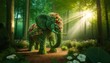 An elephant made of woven green vines and bright flowers, standing in a sunlit clearing in the woods.