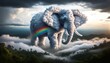 © FantasyLand86 - An elephant composed of clouds, with rain gently falling around it, creating rainbows in a misty valley.