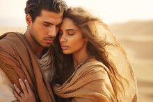 Bedouin Loving Couple, Young And In Love, In Pastel Brown Attire, Holding Each Other Close With The Golden Desert Dunes As Their Backdrop