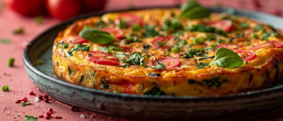 herb and tomato frittata with fresh basil on top. mediterranean diet and vegetarian meal concept. de