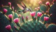 A composition with a hummingbird hovering near a prickly pear cactus, its beak approaching the blooming pink flowers to sip nectar.