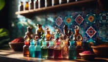 A Collection Of Colored Glass Vials Containing Different Spices Or Perfumes, Arranged On A Wooden Shelf.