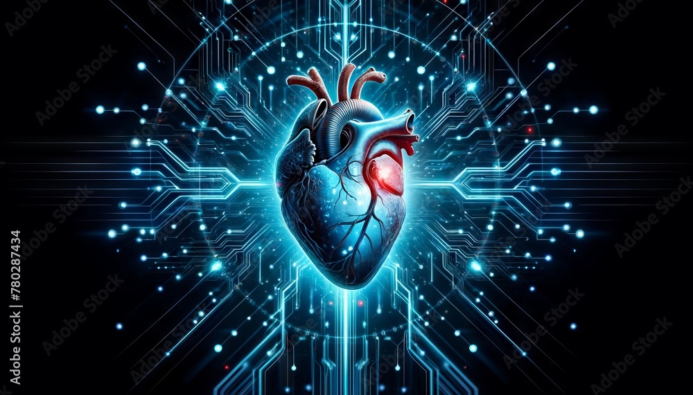 A human heart intertwined with digital circuits and pulses of blue ...