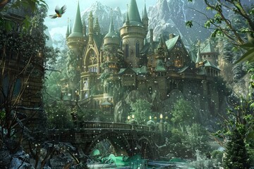 An enchanted magical kingdom Complete with towering castles and mysterious creatures.