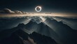 A high-altitude shot of a solar eclipse over a mountain range, with the peaks casting long shadows across the landscape.
