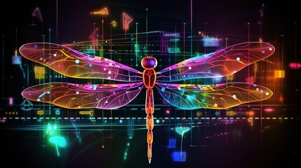 Wall Mural - Data flow concept with the flight of a digital dragonfly. Technological background for big data design. Generative AI