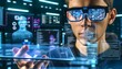 A close-up of a futuristic AI analyst surrounded by floating digital screens filled with dynamic data visualizations and document statistics.