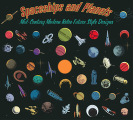 Wall Mural - spaceships and planets. mid century modern retro future style designs. planets, star, moon, asteroid