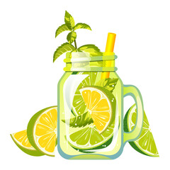 Wall Mural - Cocktail with lime. A refreshing drink in a can with juicy lime. Summer juice with lime. Smoothie with fresh fruit. Lemonade with lime.Vector illustration.