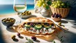 A Mediterranean-inspired sandwich with grilled lamb, tzatziki sauce, kalamata olives, feta cheese, and cucumber on a warm pita bread, placed on a sun-.