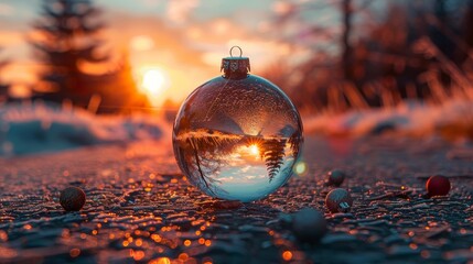 Wall Mural - A Christmas glass bauble reflecting a scenic road at sunset