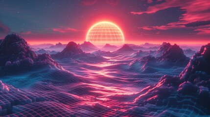 Wall Mural - A dynamic 3D grid landscape featuring a neon sun and retro wave