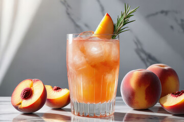 Wall Mural - Summer refreshing soda drink or alcoholic cocktail with ice, rosemary and peach on a white marble table.