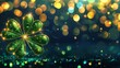 A dazzling green clover sparkling amidst a sea of golden bokeh lights on a deep blue background.