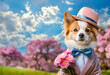 © muni - 素敵な人に会いに行くのかな？花束を持ち、ピンクの帽子を被って蝶ネクタイをした可愛い犬の紳士と青空
