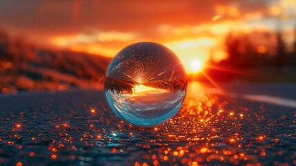 Wall Mural - An enchanting 3D vector rendition of a Christmas glass ball reflecting a scenic road at sunset