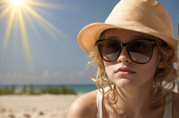 Poster - Child in sunglasses and hat under sun