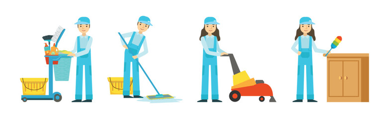 Wall Mural - Cleaning Service with Professional Man and Woman Worker Character Vector Set