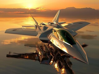 A fighter jet reflecting the warm hues of sunset    , Futuristic , Cyberpunk