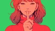 Pop Art girl making shush gesture on colorful background with copy space, shot of quiet. Amazing woman keeps fore finger over lips, makes silence gesture, gossips with friend, says hush. Be quiet