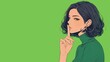 Pop Art girl making shush gesture on colorful background with copy space, shot of quiet. Amazing woman keeps fore finger over lips, makes silence gesture, gossips with friend, says hush. Be quiet