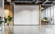 Modern coworking office interior with blank white mock up banner on wall, panoramic windows and city view, daylight, wooden flooring, furniture and decorative plant. 3D Rendering