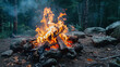 Bonfire in the forest. Camping in the woods. Wild nature. AI.