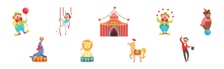 Sticker - Circus Artist Character with Clown, Seal, Lion, Horse and Woman Acrobat Vector Set