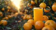 Glass of fresh cold orange juice with orange halves on harvest plantation field background.Macro.AI Generative.