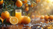 Glass of fresh cold orange juice with orange halves on harvest plantation field background.Macro.AI Generative.