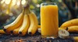 Glass of fresh healthy banana juice on table and banana harvest plantation field background.Macro.AI Generative.