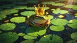 An enchanting depiction of a frog prince awaiting a kiss amidst the serene lily pads, bringing the fairytale concept to life