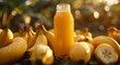 Bottle of fresh healthy banana juice on table and banana harvest plantation field background.Macro.AI Generative.