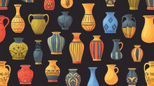 Vector Seamless Pattern Of Ceramic Vases Jugs Pots