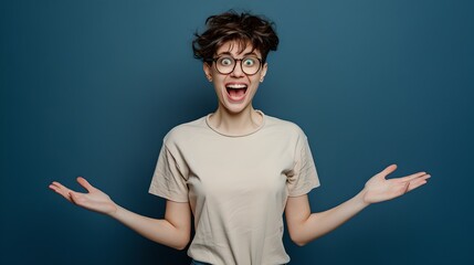 Wall Mural - Joyful young woman with glasses poses excitedly in a studio, casual style clothing, expressing happiness, perfect for lifestyle and advertising concepts. AI