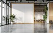 Modern coworking office interior with blank white mock up banner on wall, panoramic windows and city view, daylight, wooden flooring, furniture and decorative plant. 3D Rendering 2