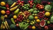 A variety of vibrant fruits and vegetables arranged on a dark background highlights healthy choices and dietary diversity.