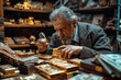 Seasoned elderly expert jeweler or banker in tailored suit examines gold bars with magnifying glass, ensuring quality in dimly lit space