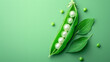 Open green pod with pearls inside against a solid light green background. Web banner with empty space for text. Flat lay. Minimal food concept