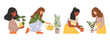 Set of happy women caring for houseplants. Urban gardening collection. Vector illustration.