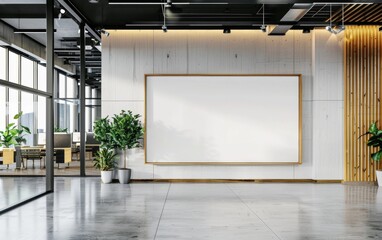 Canvas Print - Modern coworking office interior with blank white mock up banner on wall, panoramic windows and city view, daylight, wooden flooring, furniture and decorative plant. 3D Rendering