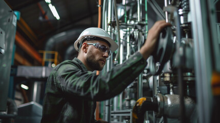 Canvas Print - a male engineer in a hard hat and safety glasses operating a large machine in a factory