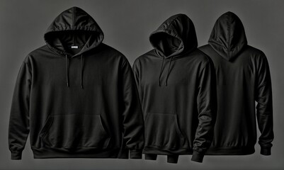 Wall Mural - Set of Black front and back view tee hoodie hoody sweatshirt on transparent background cutout, PNG file. Mockup template for artwork graphic design