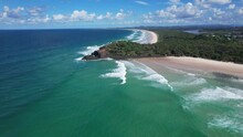 Fingal Headland On Sunny Day In Summer In New South Wales, Australia. Fingal Head Beach And Causeway. Aerial Shot
